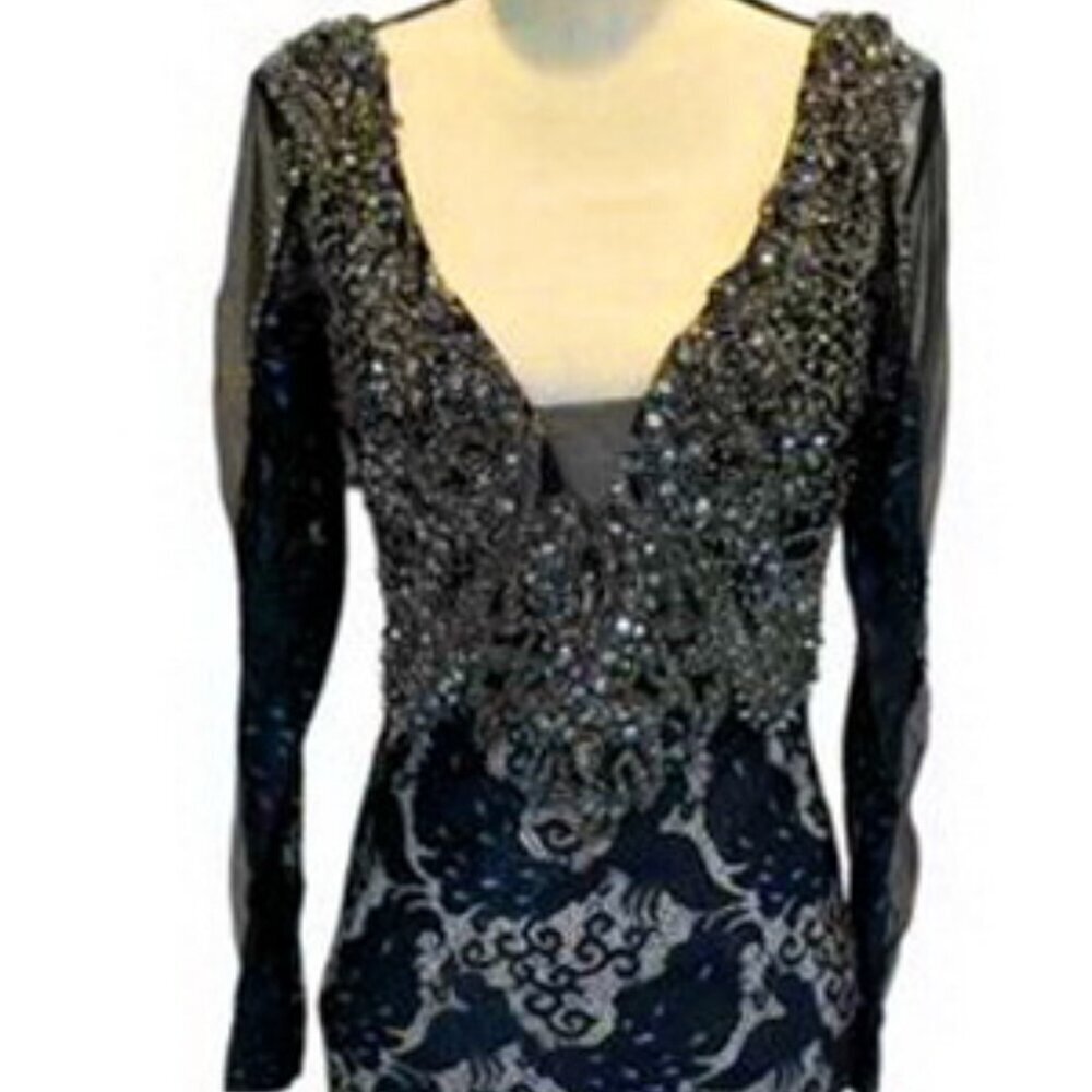 Lara Black Lace Blue Nude Beaded Embellished Long Sheer Sleeve Gown